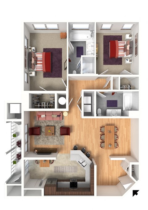 Floor plan for 2 beds, 2 baths, 1280 sqft