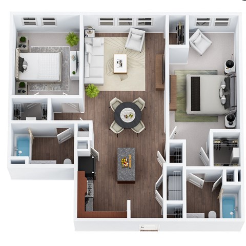 Floor plan for 2 beds, 2 baths, 1070 sqft