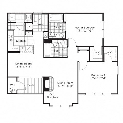 Floor plan for 2 beds, 2 baths, 1070 sqft