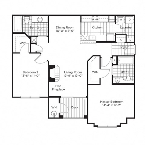 Floor plan for 2 beds, 2 baths, 1144 sqft