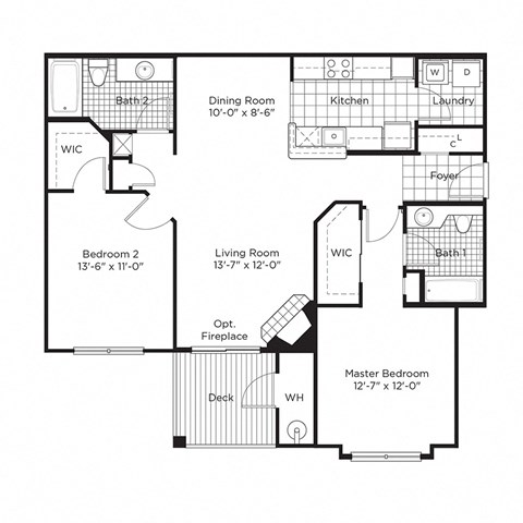 Floor plan for 2 beds, 2 baths, 1118 sqft