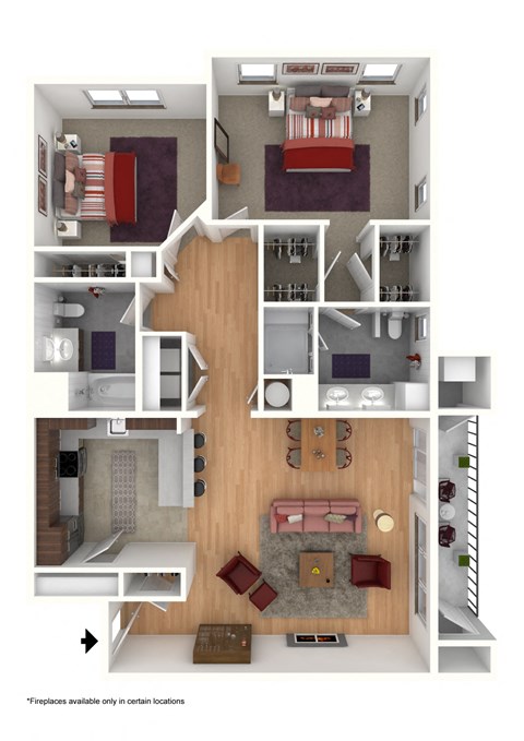 Floor plan for 2 beds, 2 baths, 1384 sqft