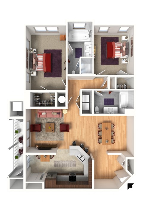 Floor plan for 2 beds, 2 baths, 1287 sqft