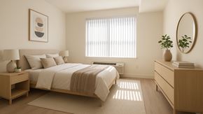 Bayonne apartment for rent - Peaceful Bayonne NJ bedroom with large windows, natural wood furnishings, and soft modern touches