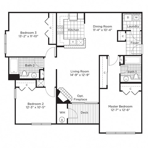 Floor plan for 3 beds, 2 baths, 1344 sqft