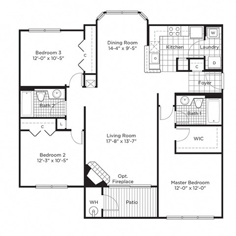 Floor plan for 3 beds, 2 baths, 1307 sqft