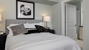 Philadelphia apartment for rent - A cozy, well-appointed bedroom with a grey upholstered headboard and direct access to an en-suite bathroom in these luxury Rittenhouse Square apartments Philadelphia PA.