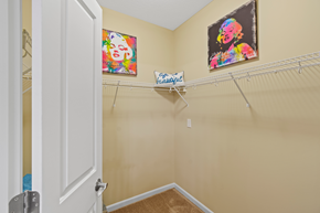 Burlington apartment for rent - a spacious closet with hanging racks and paintings on the wall