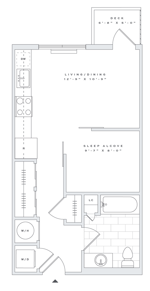Floor plan for studio, 1 bath, 557 sqft