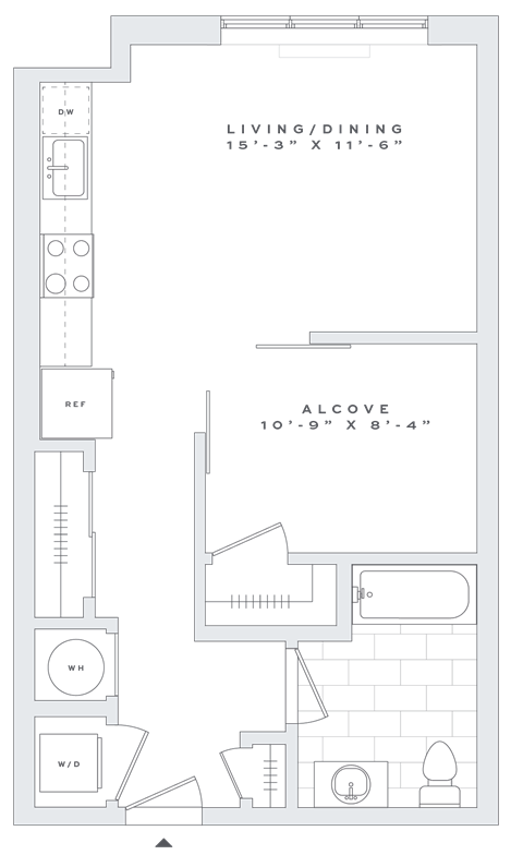 Floor plan for studio, 1 bath, 567 sqft