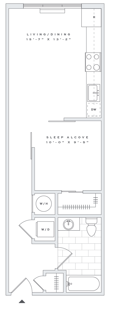 Floor plan for studio, 1 bath, 578 sqft