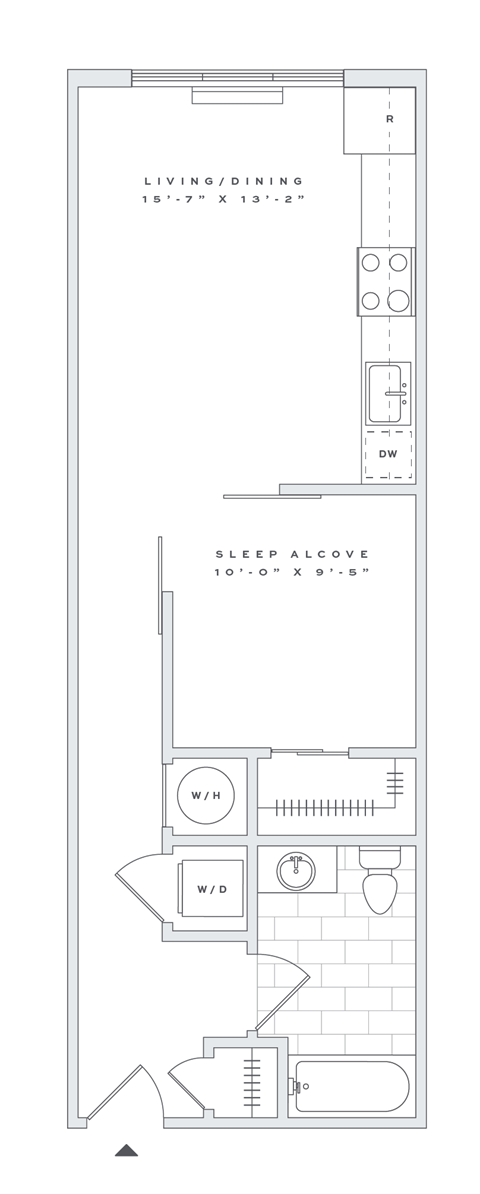 Floor plan for studio, 1 bath, 629 sqft