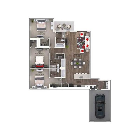 Floor plan for 3 beds, 3 baths, 1626 sqft