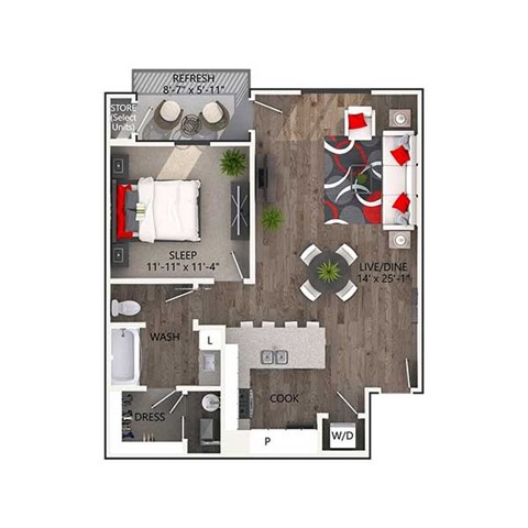 Floor plan for 1 bed, 1 bath, 799 sqft