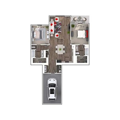 Floor plan for 2 beds, 2 baths, 1236 sqft