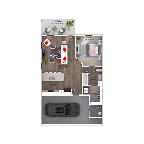 Floor plan for 1 bed, 1 bath, 770 sqft