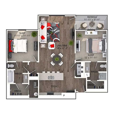Floor plan for 2 beds, 2 baths, 1178 sqft