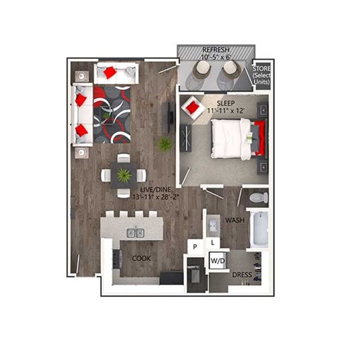 Floor plan for 1 bed, 1 bath, 806 sqft