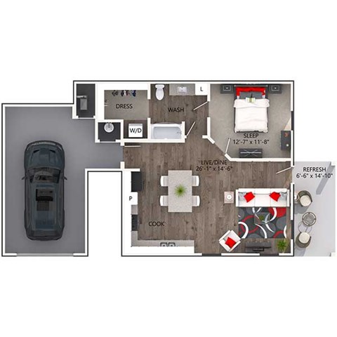 Floor plan for 1 bed, 1 bath, 790 sqft