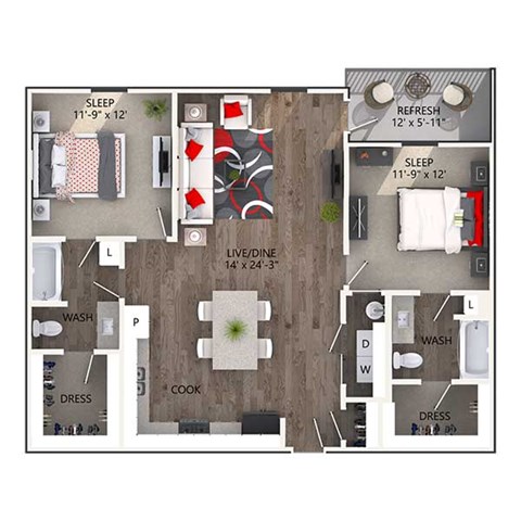 Floor plan for 2 beds, 2 baths, 1144 sqft
