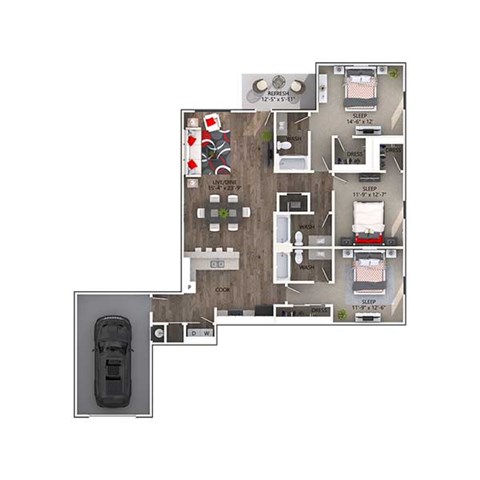 Floor plan for 3 beds, 3 baths, 1590 sqft