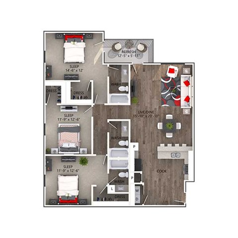 Floor plan for 3 beds, 3 baths, 1517 sqft