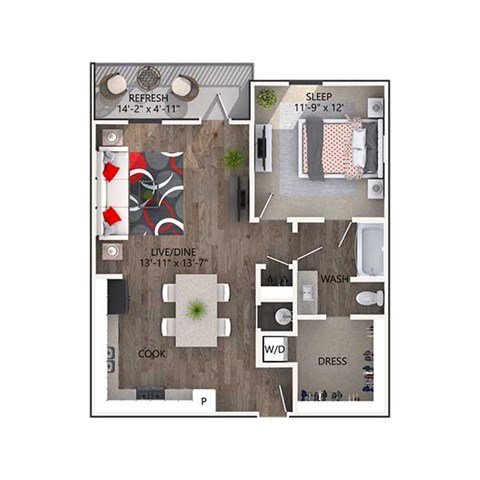 Floor plan for 1 bed, 1 bath, 778 sqft