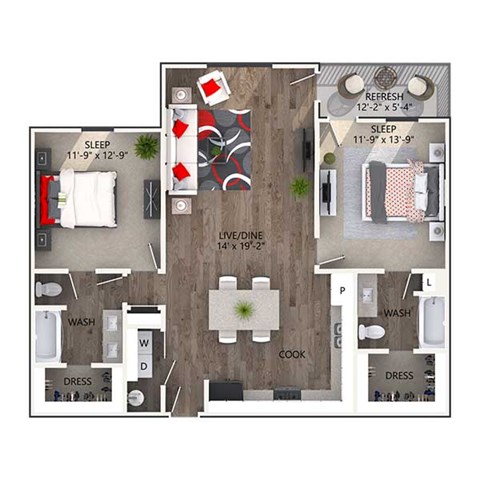 Floor plan for 2 beds, 2 baths, 1170 sqft