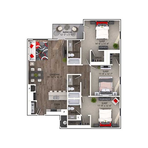 Floor plan for 3 beds, 3 baths, 1466 sqft