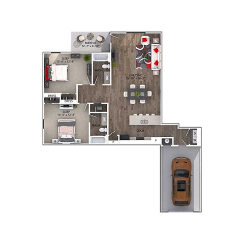 Floor plan for 2 beds, 2 baths, 1284 sqft