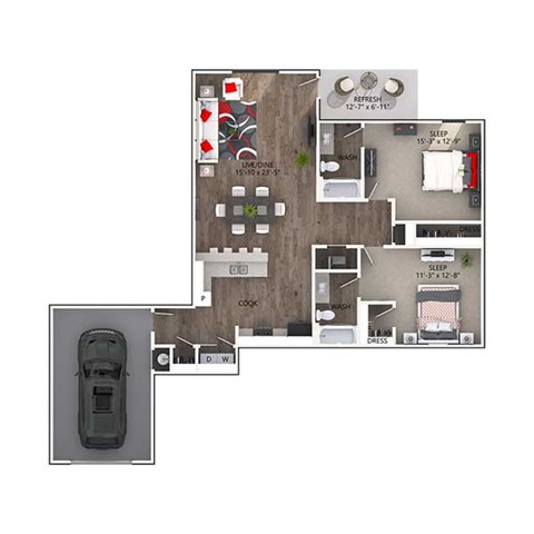 Floor plan for 2 beds, 2 baths, 1274 sqft