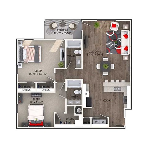 Floor plan for 2 beds, 2 baths, 1197 sqft