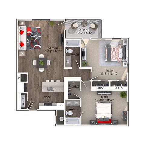 Floor plan for 2 beds, 2 baths, 1160 sqft