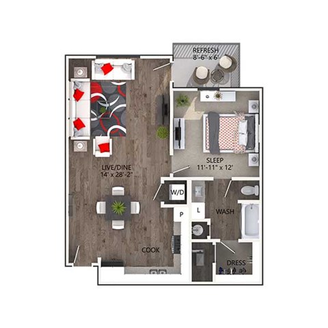 Floor plan for 1 bed, 1 bath, 806 sqft