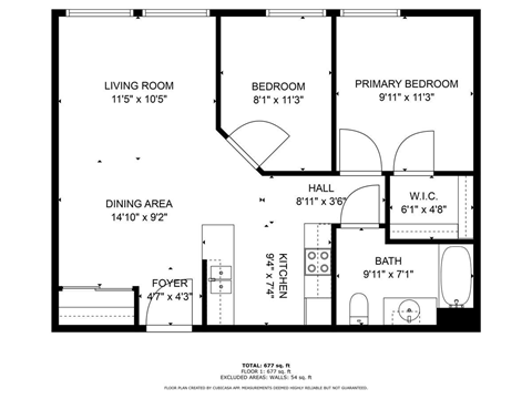 Floor plan for 1 bed, 1 bath, 700 sqft