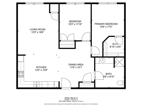 Floor plan for 2 beds, 1 bath, 939 sqft