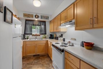 Forest Lake apartment for rent - A kitchen with wooden cabinets and a white refrigerator.