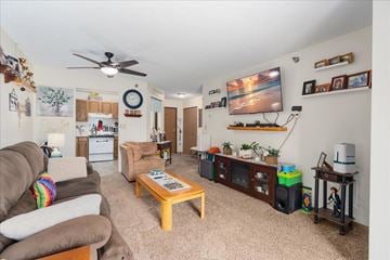 Stillwater apartment for rent - A living room with a brown couch and a wooden coffee table.