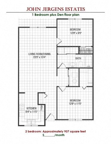 Floor plan for 2 beds, 1 bath, 907 sqft