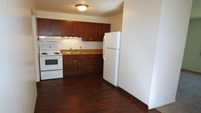 St. Paul Park apartment for rent - an empty kitchen with white appliances and wooden cabinets