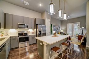 San Antonio apartment for rent - A modern kitchen with a large island and stainless steel appliances.