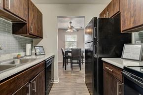 Denton apartment for rent - a kitchen with a black refrigerator and a table with chairs
