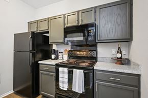 Richardson apartment for rent - A black refrigerator is in a kitchen with a black stove and black microwave.