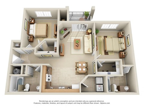 Floor plan for 2 beds, 2 baths, 1000 sqft