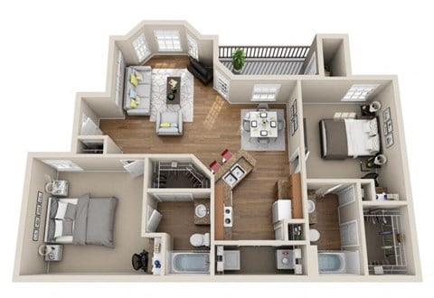 Floor plan for 2 beds, 2 baths, 1057 sqft