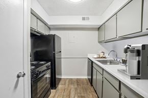 Mesquite apartment for rent - A kitchen with a black refrigerator and stove.