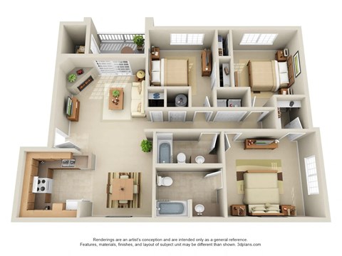 Floor plan for 3 beds, 2 baths, 1200 sqft