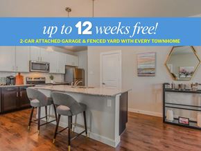 Princeton triplex for rent - A kitchen with a bar and chairs is advertised as being free for up to 12 weeks.