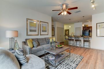 San Antonio apartment for rent - A living room with a grey couch and a coffee table.