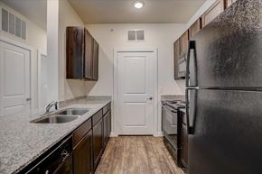 Kyle apartment for rent - Galley kitchen with granite countertops, double sink, and black appliances.